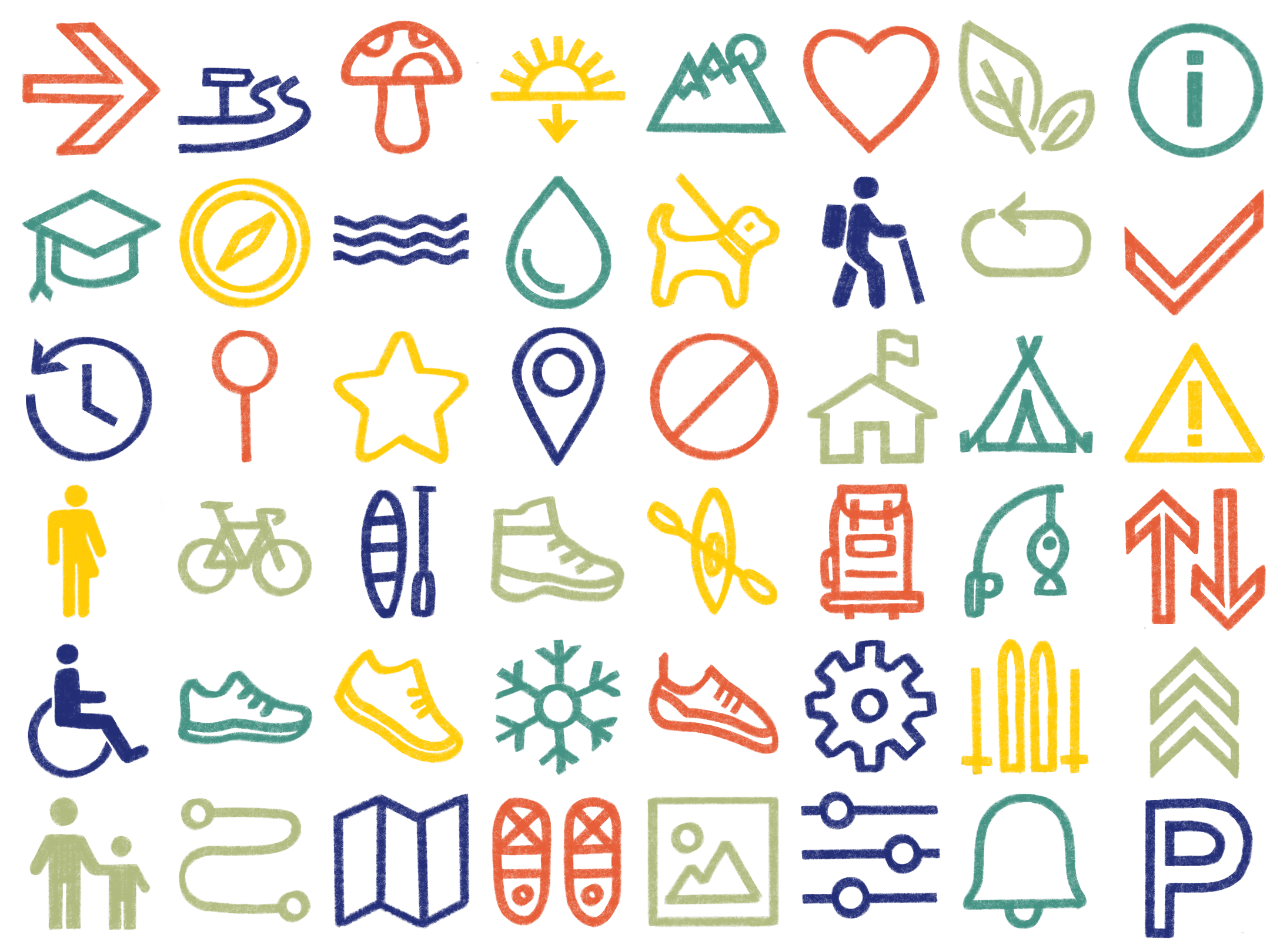 set of 48 icons representing a variety of outdoor activities or amenities, plus some basic ui and systems icons, multicolored